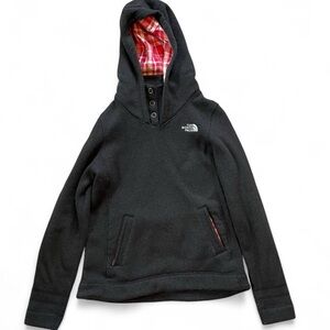 The North Face Black Hoodie with Red Plaid Accents